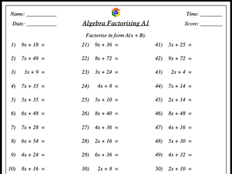 12 Algebra Factorising Worksheet A
