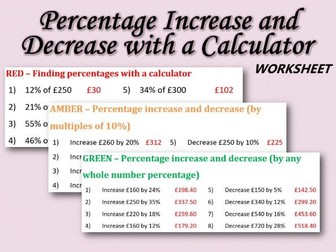 Percentage Increase and Decrease with a Calculator Differentiated Worksheet