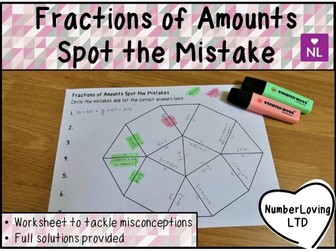 Fractions of Amounts Spot the mistake worksheet