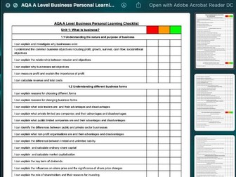 AQA A Level Business RAG Sheet / Personal learning checklist