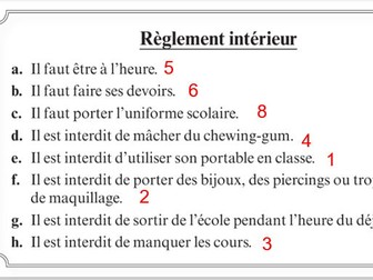 French - les regles au college - school rules in French