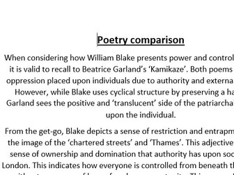 Grade 9 Power and Conflict 'London' and 'Kamikaze' Comparison Essay on Power and Control.