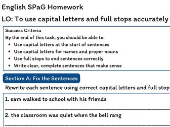 English SPaG Homework – Capital Letters & Full Stops