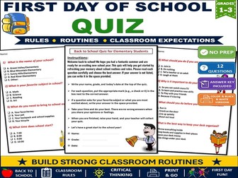 First Day of School Quiz | Back to School Activity Classroom Rules & Routines | Grades 1-3