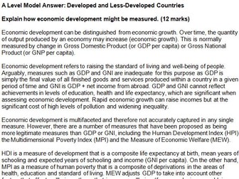 A Level Economics Model Essay: Developing Countries, Measures of Living Standards, Economic Growth