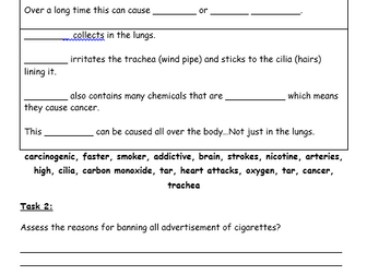 Differentiated worksheets about smoking- Including tobacco, nicotine, tar and carbon monoxide