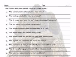 Animals Write Complete Answers Worksheet