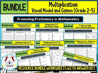 MULTIPLICATION WITH VISUAL MODELS AND GAMES Worksheets Product or Resource BUNDLE for Grades 2-5