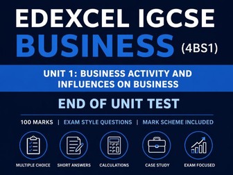Edexcel IGCSE Business (4BS1) Unit 1 End of Unit Test + Mark Scheme + Exam Skills Lesson