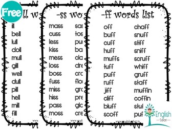 Phonics words list - ff ll ss zz (sample)
