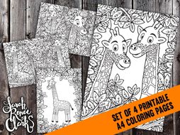 Printable Coloring Pages Set - 4x Detailed Giraffe Coloring Pages - A4 PDF coloring pages