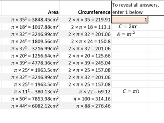 Area and circumference of circles (unlimited questions)