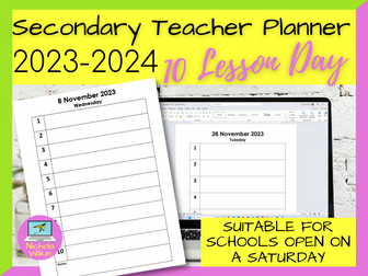 Secondary Teacher Planner 2023-2024 – 10 Lesson Day including Saturdays