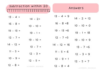 Basic Addition and Subtraction Within 20 – Number Line Support Worksheet