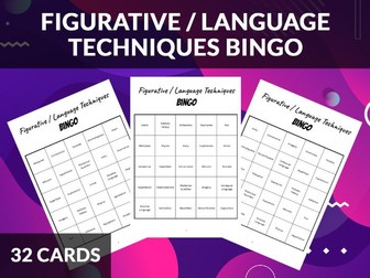 Figurative Language Literary Techniques Bingo for  Middle / High School