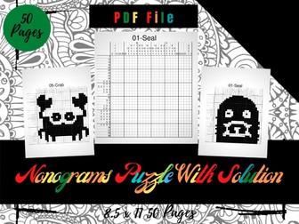 50 Nonograms Japanese Puzzles Puzzle With Solution, Griddlers Logic Printable Puzzles