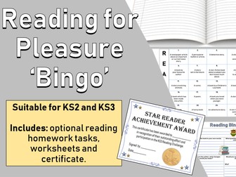 Reading for Pleasure 'Bingo' homework activity and worksheet (KS2 KS3)