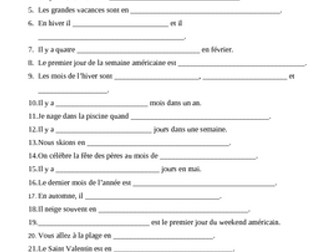 Jours, Mois, Saisons, Temps (Days, Months, Seasons, Weather in French) Worksheet