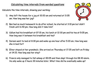 Calculating intervals of time differentiated worksheets
