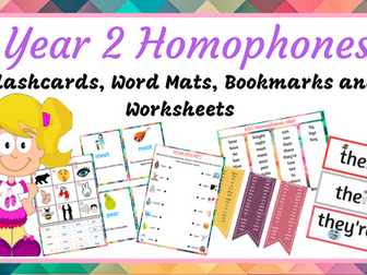 Year 2 Homophones flashcards, wordmat, bookmarks and worksheets