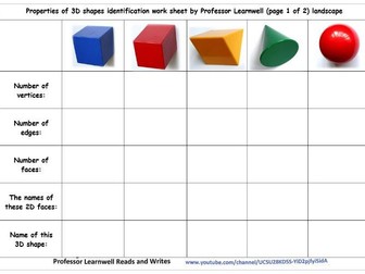 Properties of 3D shapes the best with extra 2D column identification work sheet maths Key Stages