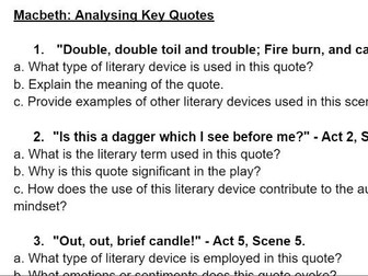 Macbeth: analysing key quotes worksheet
