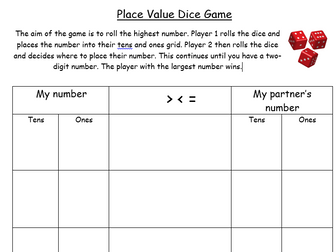 Place value comparison dice game