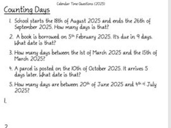 2025 Calendar Questions - Time - Durations - Dates - Using a Calendar