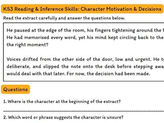 KS3 Reading & Inference – Short Extracts & Skills: Character Motivation & Decisions