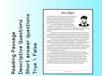 Grace Hopper Biography Reading Comprehension Passage Printable Worksheet PDF