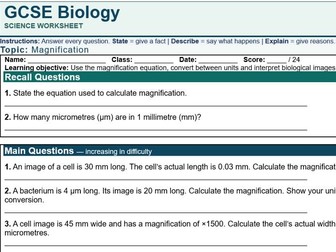 GCSE Biology Magnification Worksheet with Answers | AQA Cells