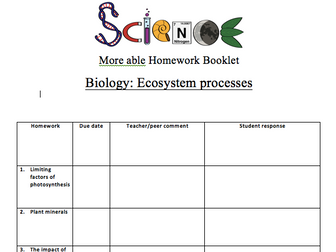 KS3 Homework booklet for Y8 Ecosystems (more able/G&T) ACTIVATE