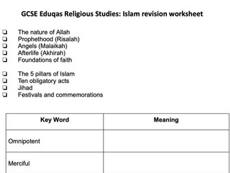 GCSE Eduqas Religious Studies: Islam revision worksheet
