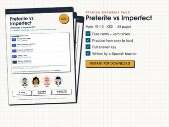 Preterite vs Imperfect Spanish Worksheets: WATERS Trick and Story Writing, with Answers