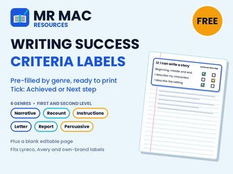FREE Writing Success Criteria Labels - 6 Genres - First and Second Level - Editable Jotter Stickers