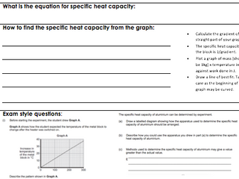 Specific heat capacity differentiated writing frames worksheet and exam questions