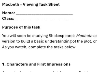 English Lit AQA 'Macbeth' Viewing task sheet