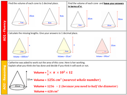 GCSE Volume of a cone and frustum - Fluency, reasoning and problem
