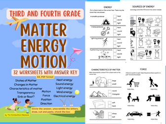 Matter, Energy, Motion: 32 Worksheets for Third and Fourth Grade