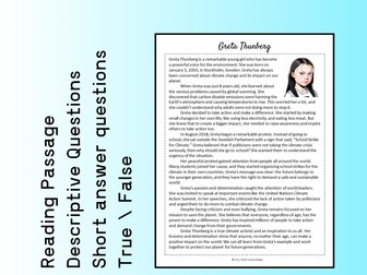 Greta Thunberg Biography Reading Comprehension Passage Printable Worksheet PDF