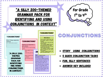 Zoo-Themed Conjunctions Grammar Pack | Identify & Use Conjunctions | Worksheets + Story + Answer Key