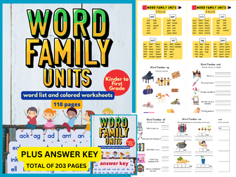 Word Family Units word list and colored worksheets for Kinder and First Grade