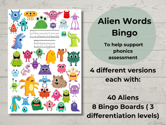 Phonics Assessment - Phonics Alien Bingo Game ( 4 different BINGO games ) + differentiation