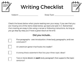 FREE Essay Checklist - Beginning Writers