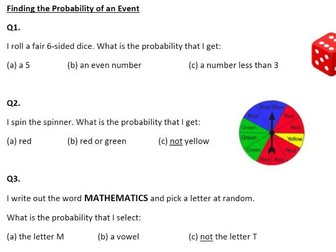 Probability of an Event worksheet (KS3 basic questions)