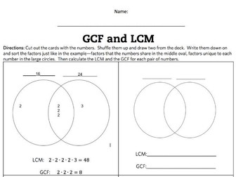 LCM and GCF Venn Diagram Activity and Game