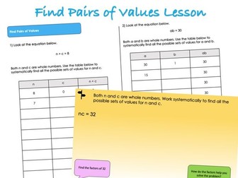 Year 6 Algebra - Find Pairs of Values Lesson