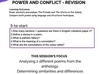 GCSE English Literature - Power and Conflict poetry -storm on the island x prelude workbook