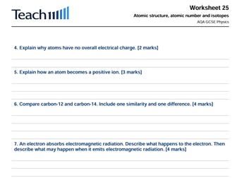 AQA GCSE Physics Atomic Structure Worksheets & Answers