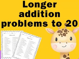 Longer addition problems to 20 for kindergarten and 1st grade